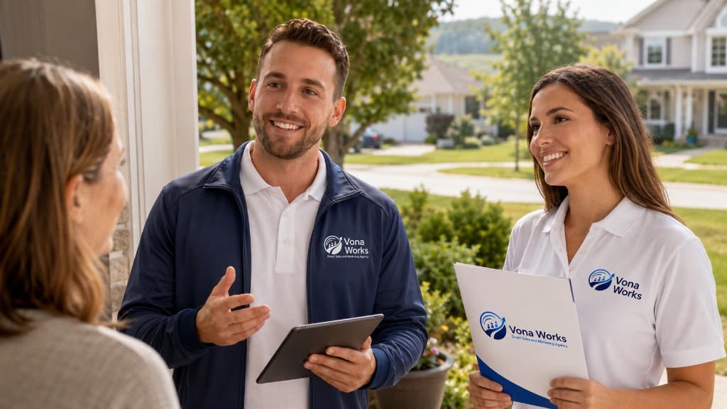 Vona Works sales representative speaking with a homeowner during a door-to-door fiber internet outreach visit